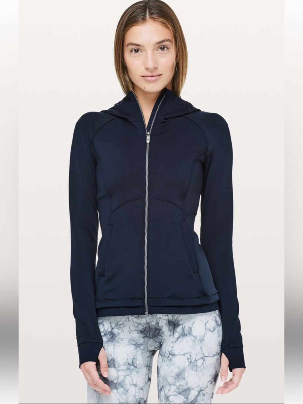Lululemon Navy Nylon Blend Hooded Long Sleeve Thumbholes Stopover Jacket Sz 6